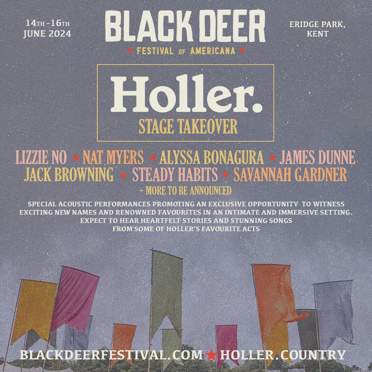 Black Deer x @HollerCountry is looking to be a stunning stage takeover! Special acoustic performances promoting an exclusive opportunity to witness exciting new names and renowned favourites in an intimate and immersive setting 🧡 bit.ly/BD2024tickets