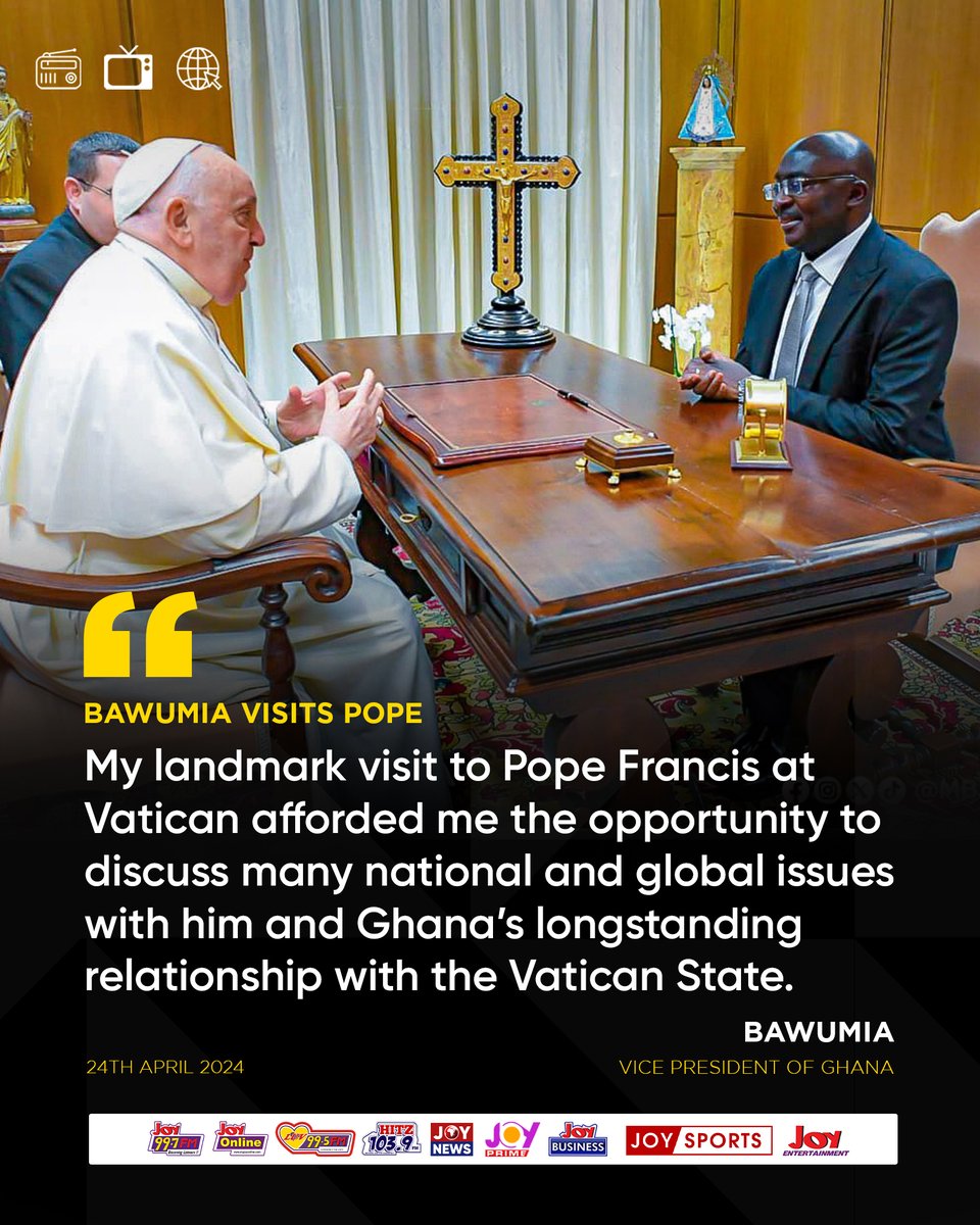 JoyNewsOnTV's tweet photo. My landmark visit to Pope Francis at Vatican afforded me the opportunity to discuss many national and global issues with him - Bawumia

#JoyNews https://t.co/VnxcDcI30d