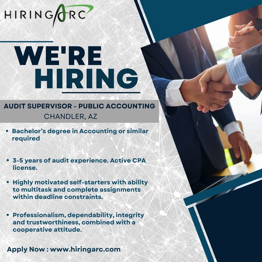 We are #hiring for 𝗔𝘂𝗱𝗶𝘁 𝗦𝘂𝗽𝗲𝗿𝘃𝗶𝘀𝗼𝗿 - 𝗣𝘂𝗯𝗹𝗶𝗰 𝗔𝗰𝗰𝗼𝘂𝗻𝘁𝗶𝗻𝗴 in Chandler, AZ. Apply here: bit.ly/43FFbPL

#auditorjob
#accountingauditjobs
#publicaccounting
#auditsupervisorjob
#financialjobs
#taxauditjobs
#internalaudit
#arizonajobs
#hiringarc