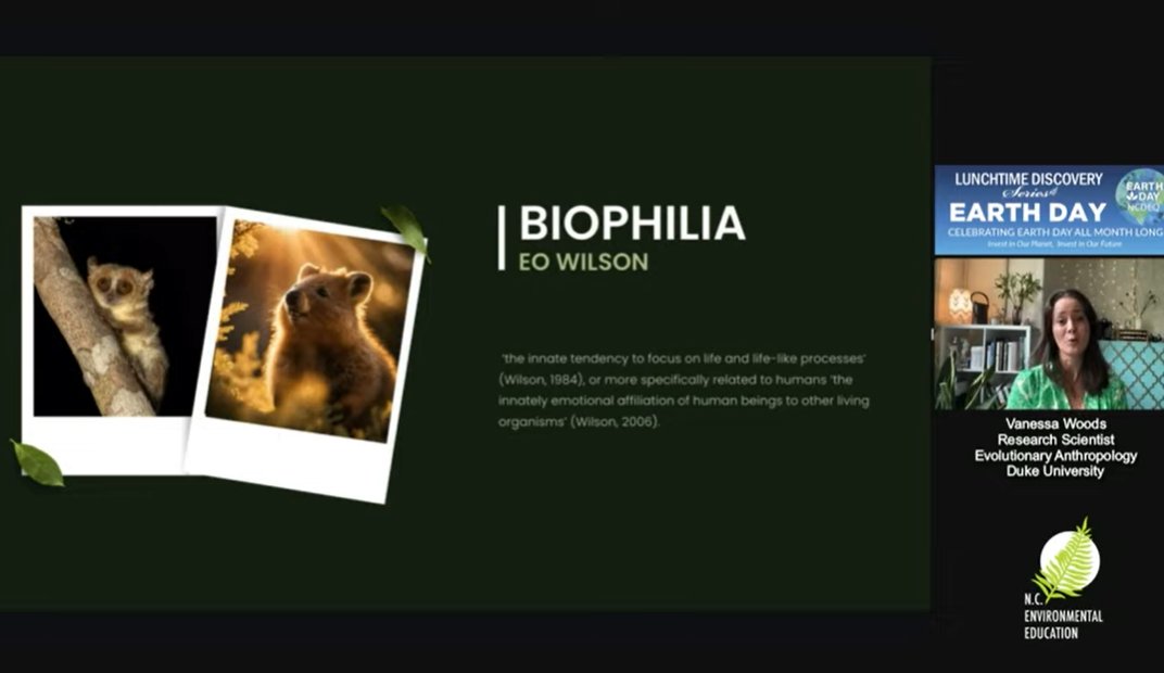 Just getting started...join this engaging talk by Vanessa Woods now in progress. 'What is Your Biophilia Quotient and What Does it Mean?' youtube.com/watch?v=CfD_GM… 
#LunchTimeDiscovery #NCEarthDay