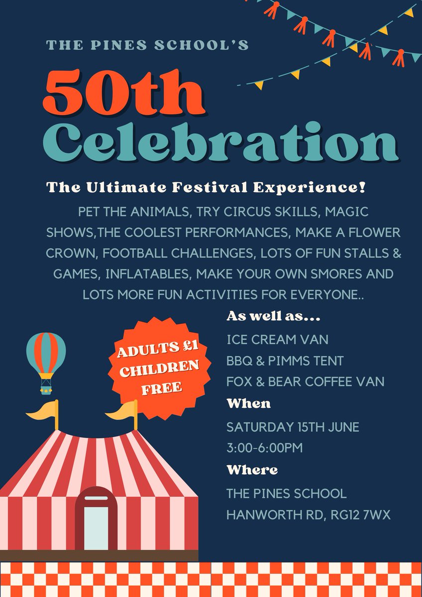 The Pines School is 50 this year!! We will be holding a fantastic festival afternoon to celebrate.
Come join us for a fun-filled afternoon of entertainment and games. We can't wait to see you all there.