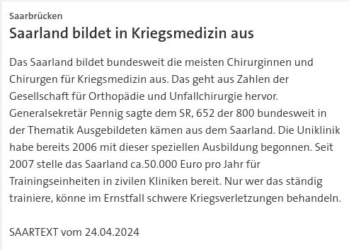 #SKK20240424 #SAARTEXT Das #Saarland #bildet bundesweit die meisten Chirurginnen und Chirurgen für Kriegsmedizin aus. | #Kriegsmedizin #Universität #Chirurgie #Kriegsverletzung #Unfallchirurgie