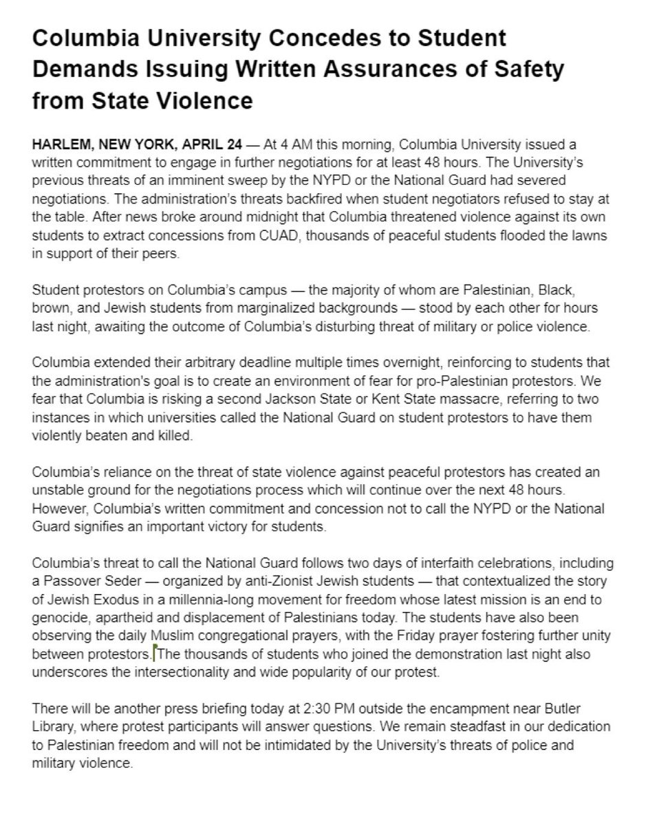 PRESS RELEASE: Columbia University Concedes to Student Demands Issuing Written Assurances of Safety from State Violence. We fear that Columbia is risking a second Jackson State or Kent State massacre. for press inquiries, email: cuadpress@gmail.com #cu4palestine