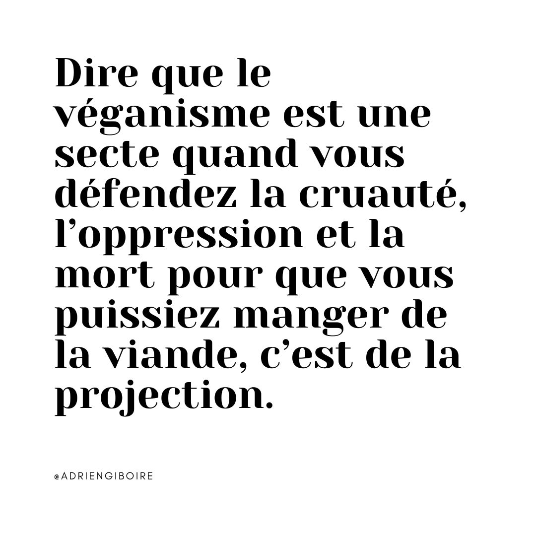 Dire que le véganisme est une secte quand vous défendez la cruauté, l’oppression et la mort pour que vous puissiez manger de la viande, c’est de la projection. 

✊

#vegan
#veganisme
#droitsdesanimaux
#veganfrance