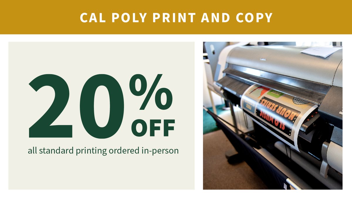 📢 Get 20% off Standard Printing at Cal Poly Print & Copy until April 26! Exclusively for students, faculty & staff. In-person orders only at Science Building (Bldg. 52), Room D-24! Open Thursday 9 am–5 pm and Friday 9 am–4 pm. Dept orders excluded. #CalPolyPartners #PrintandCopy