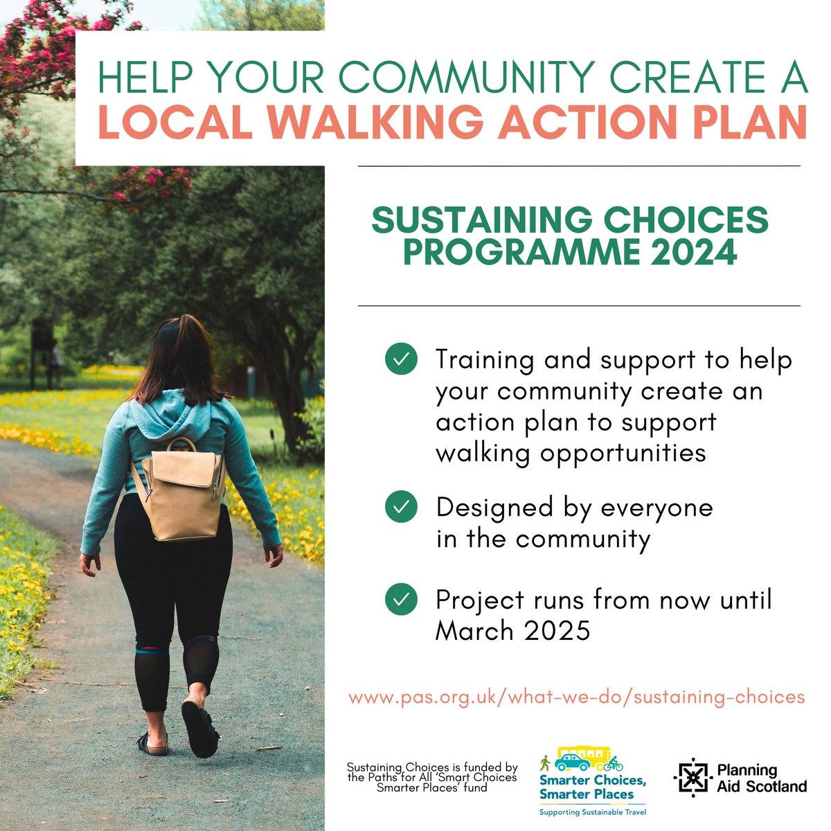 Could your community benefit from a local walking action plan? Our @sustchoices programme is looking for expressions of interest from communities across Scotland to take part, this year with a focus on walking. Find out more: pas.org.uk/what-we-do/sus…
