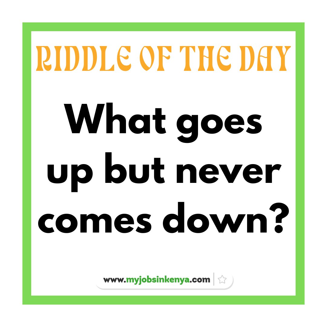 'What goes up but never comes down?'

#riddle #riddlemethis #riddleoftheday #challenge #brainteaser #quiz #knowledgetest #doyouknow #riddlesdaily #brainchallenge #coolriddles #puzzle #challengemethat #riddlestory #riddletime #puzzles #viralriddle #game