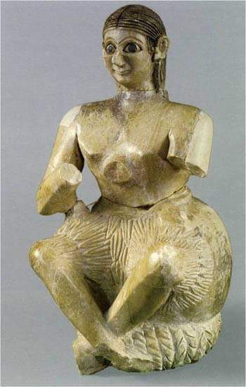 A famous musician from Mari (2550-2250 BC) : This seated woman name was inscribed: Ur-Nanshe, who probably was a singer and held a stringed instrument (Harp). The eyes were inlaid with shell and lapis. (H: 26cm) National Museum of Damascus #drthehistories