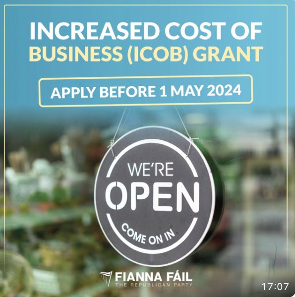 Encouraging all eligible business owners to apply for the Increased Cost of Business grant worth €5,000 before May 1 deadline. This scheme is designed to help those businesses who need it most to meet their increased costs. The grants are available through local authorities.