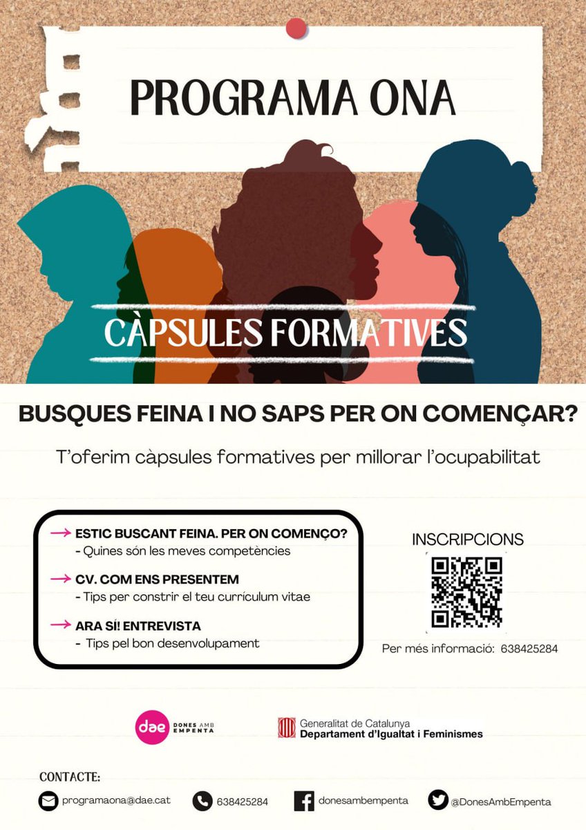 DonesAmbEmpenta's tweet image. Nova entrega de l&apos;ONA en format càpsules 💊💊💊 teòrico-pràctiques.

07/05: Estic buscant feina. Per on començo?
27/05: CV. Com ens presentem?
05/06: Ara sí! Entrevista

ℹ️ Més info i inscripcions:
📞 638 42 52 84 📩 programaona@dae.cat

#ProgramaONA #inserciólaboraldones