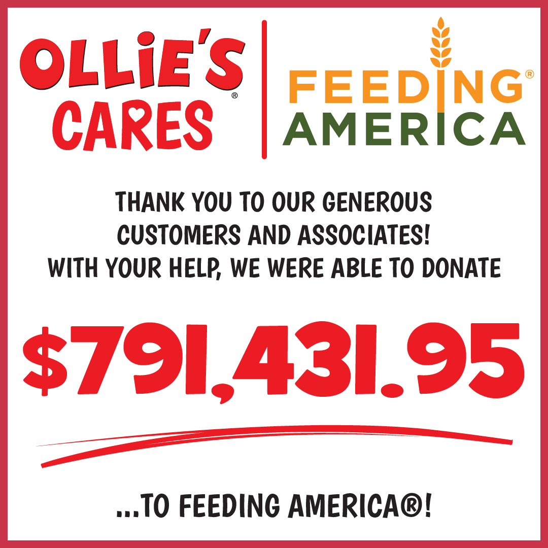 We're proud to announce that we raised over $791,000 for @FeedingAmerica this year! Thank you so much to our Incredible Ollie's Customers & Associates for generously helping provide 7.9 million meals to children and families in our local communities!