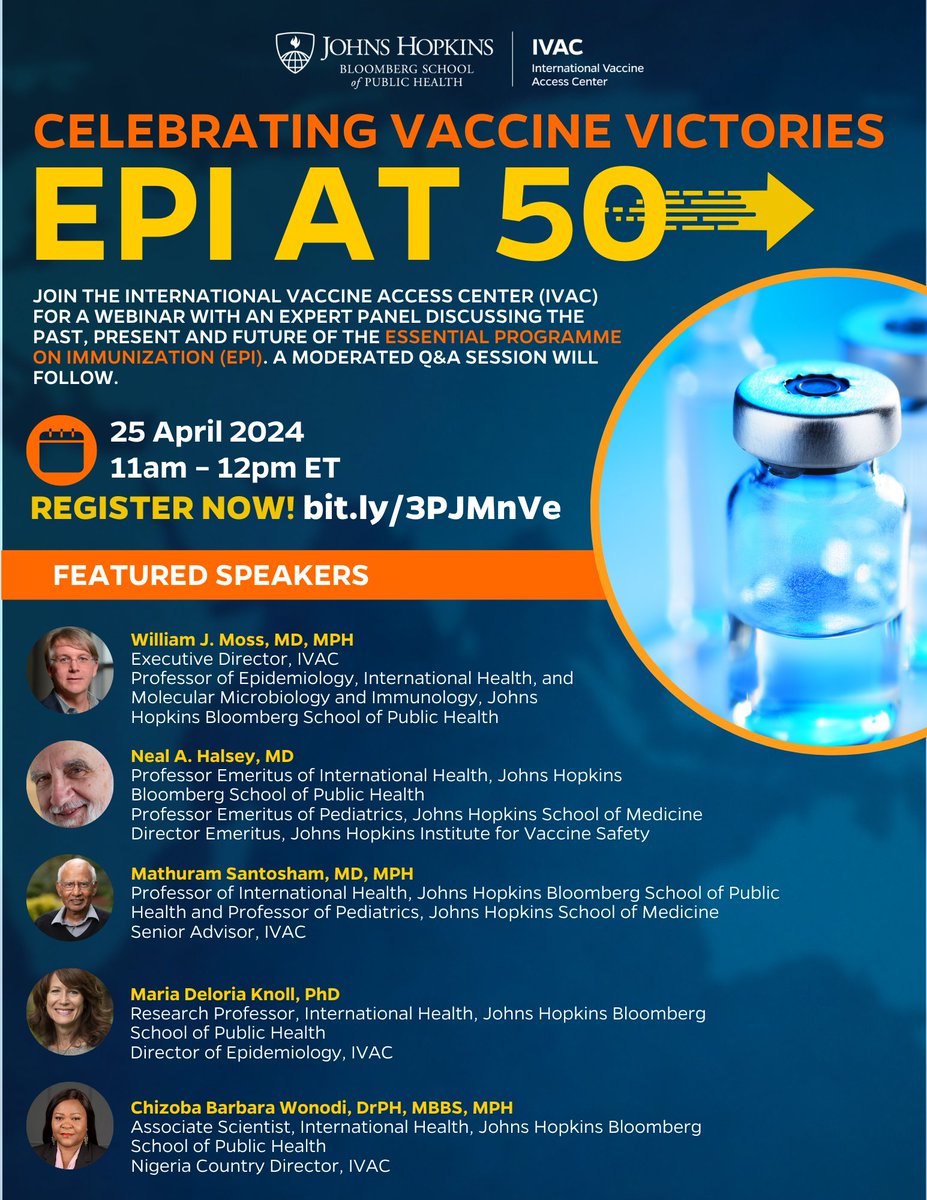 Join us tomorrow, April 25th, from 11am-12pm ET for this year's #WorldImmunizationWeek webinar, 'Celebrating Vaccine Victories: EPI at 50'! jh.zoom.us/webinar/regist… #HumanlyPossible