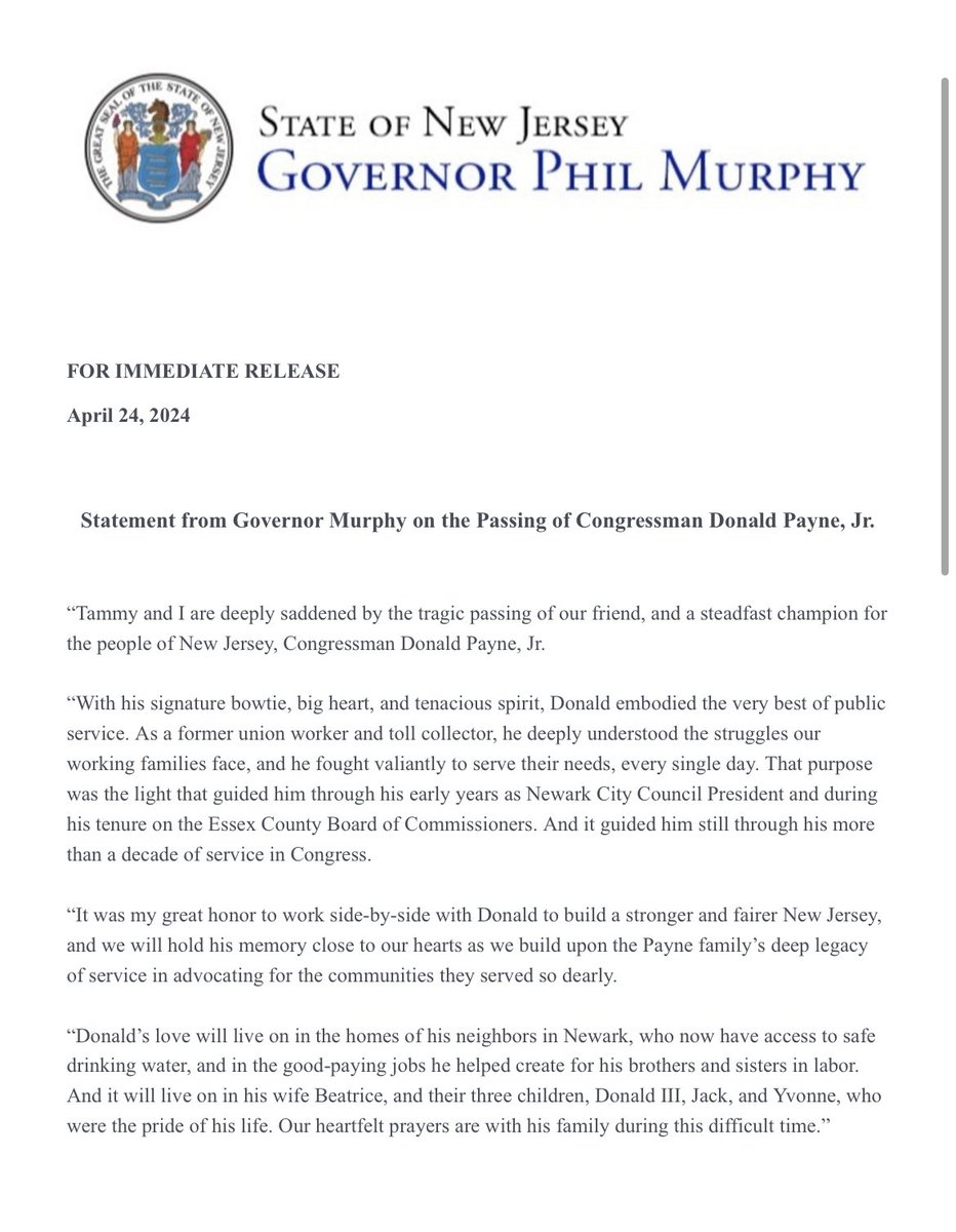 RIP: Congressman Don Payne Jr (D-NJ) — who has struggled with health issues recently — has passed, according to @GovMurphy’s office.