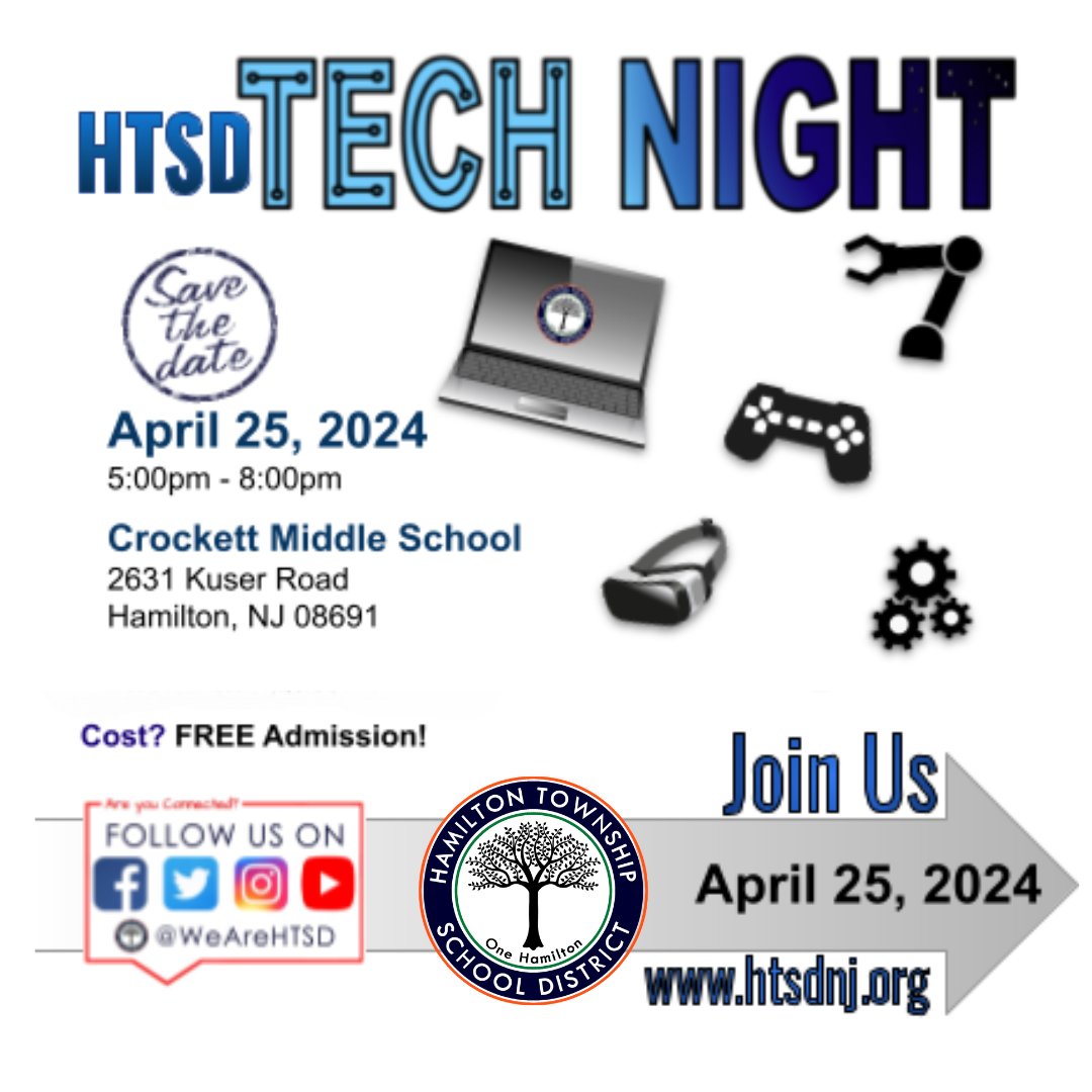 Join us for Tech Night on April 25th at Crockett Middle School! This FREE event showcases the technology in our schools. All students, parents, staff, and community members are invited! Food trucks! Robotics! Drones! ESports! STEAM playground!