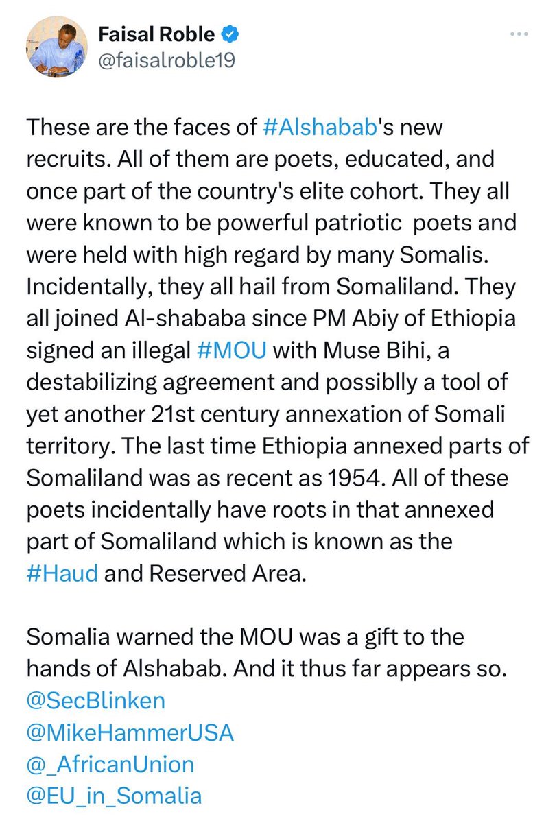 This guy usually writes his wishful thinking. His latest Twitter is naked and fake propaganda against MoU between two neighboring countries Somaliland and Ethiopia. His is from impoverished village called Qabri Bayax in Ethiopia. I want assure him the MoU deal will be signed.…