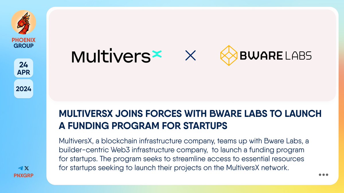 pnxgrp's tweet photo. 🔥 @MultiversX joins forces with @BwareLabs to launch a funding program for startups.
#MultiversX, a blockchain infrastructure company, teams up with #BwareLabs, a builder-centric #Web3 infrastructure company, to launch a funding program for startups. The program seeks to streamline access to essential resources for startups seeking to launch their projects on the MultiversX network.
This program aims to offer ecosystem teams a direct connection to the leading infrastructure provider, @BlastAPI, a decentralized platform developed by Bware Labs.
👉 https://t.co/M9xbQkyrn3