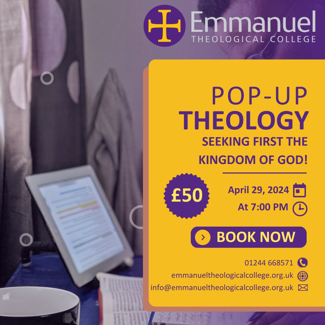Don't forget to get yourself booked onto our next Pop-Up Theology Module: Seeking first the Kingdom starting MONDAY! We can't wait to have you join us online Book your place now: buytickets.at/emmanueltheolo…