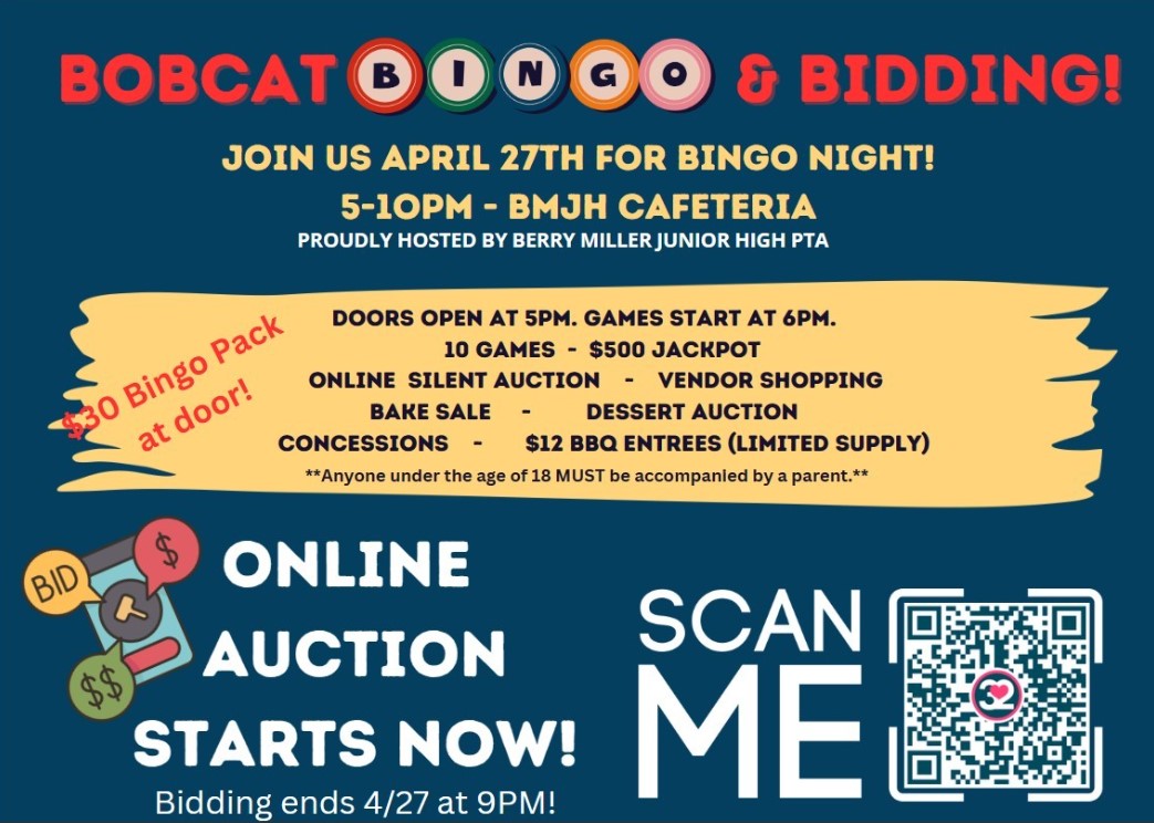 🐾Bobcat Bingo Night🐾ONLINE SILENT AUCTION STARTS NOW! Check out the amazing items to bid on! This auction is open to EVERYONE. Items will also be displayed at the event. Bidding ends on 4/27 at 9PM.⏰Click here to access the auction or scan the QR code: 32auctions.com/BobcatBingo2024