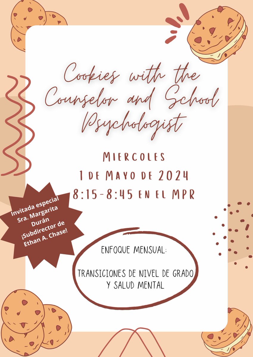 Please join us next week on Wednesday, May 1st, for our last 'Cookies with the Counselor and School Psychologist' of the school year!