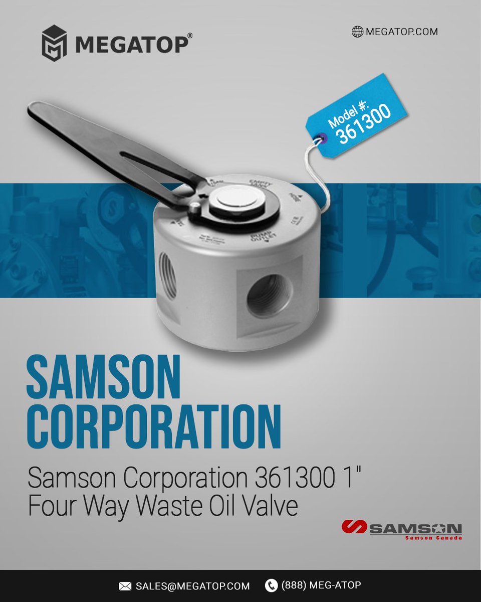 Introducing the Samson Corporation 361300 1' Four Way Waste Oil Valve, designed for versatile fluid control with four 1' NPT(F) ports. Ideal for waste oil applications, this valve offers reliable performance and durability

Explore more at megatop.com.

#WasteOilValve