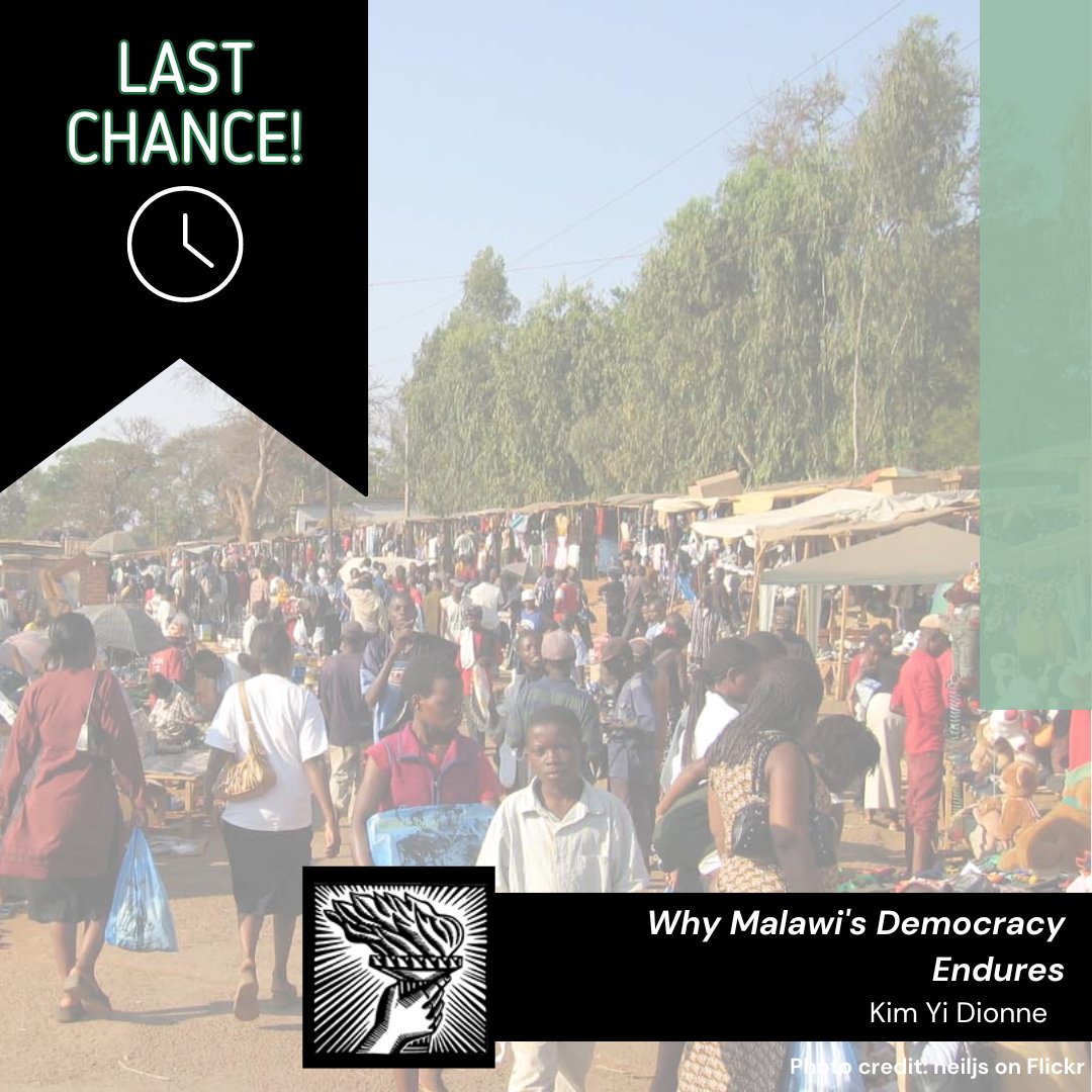 Malawi is a “hard place” for democracy—its economy struggles and state capacity is weak. So how has it avoided the pitfalls that have doomed so many others? Read @dadakim's excellent essay, 'Why Malawi's Democracy Endures,' ONLY FREE THROUGH APRIL 30! muse.jhu.edu/pub/1/article/…