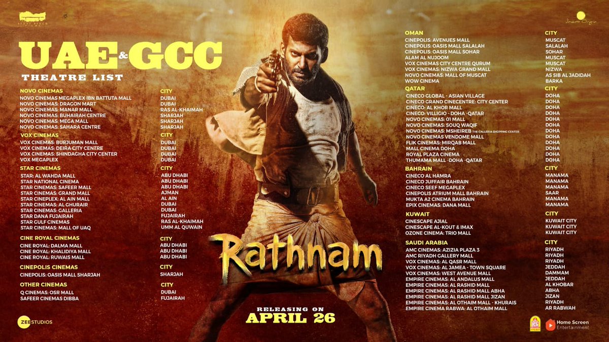 #Rathnam UAE - GCC -Cinemas Theatre List! Book Your tickets. Watch & Enjoy Action with Family Entertainer #Rathnam all set to release worldwide on April 26. Starring 'Puratchi Thalapathy' -Vishal #DirectorHari A DSP musical.