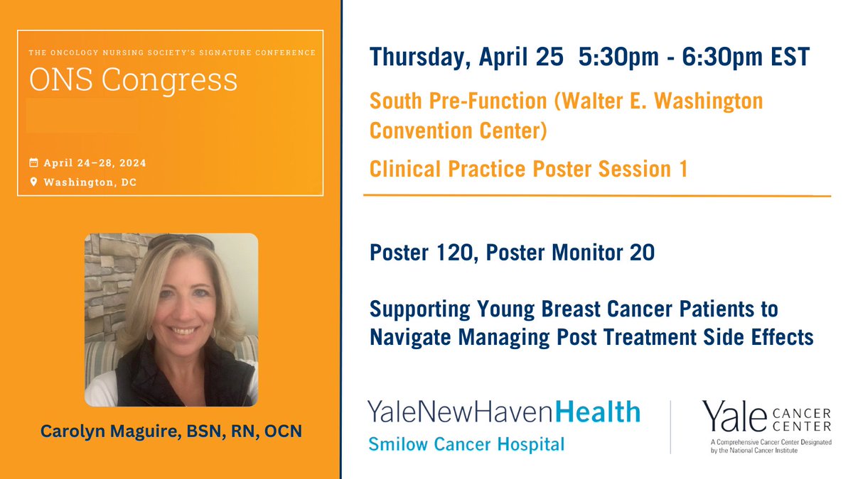 Carolyn Maguire, BSN, RN, OCN, is presenting an abstract at 5:30pm on developing content and material for a young #breastcancer survivorship program to meet the needs of this patient population. #ONSCongress #ONS24 ons.confex.com/ons/2024/meeti… @SmilowCancer @YaleMed @YNHH @GreenHosp