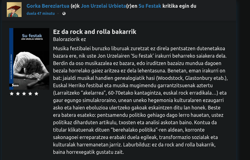 Ez da rock and rolla bakarrik Gorka Bereziartuak (@gorka_bm) Jon Urzelai Urbietaren (@aguaprado) #SUFESTAK Euskal Herriko musika jaialdiei buruzko liburuaren gainean #paperjale-n. paperjale.eus/user/gorka_bm/…