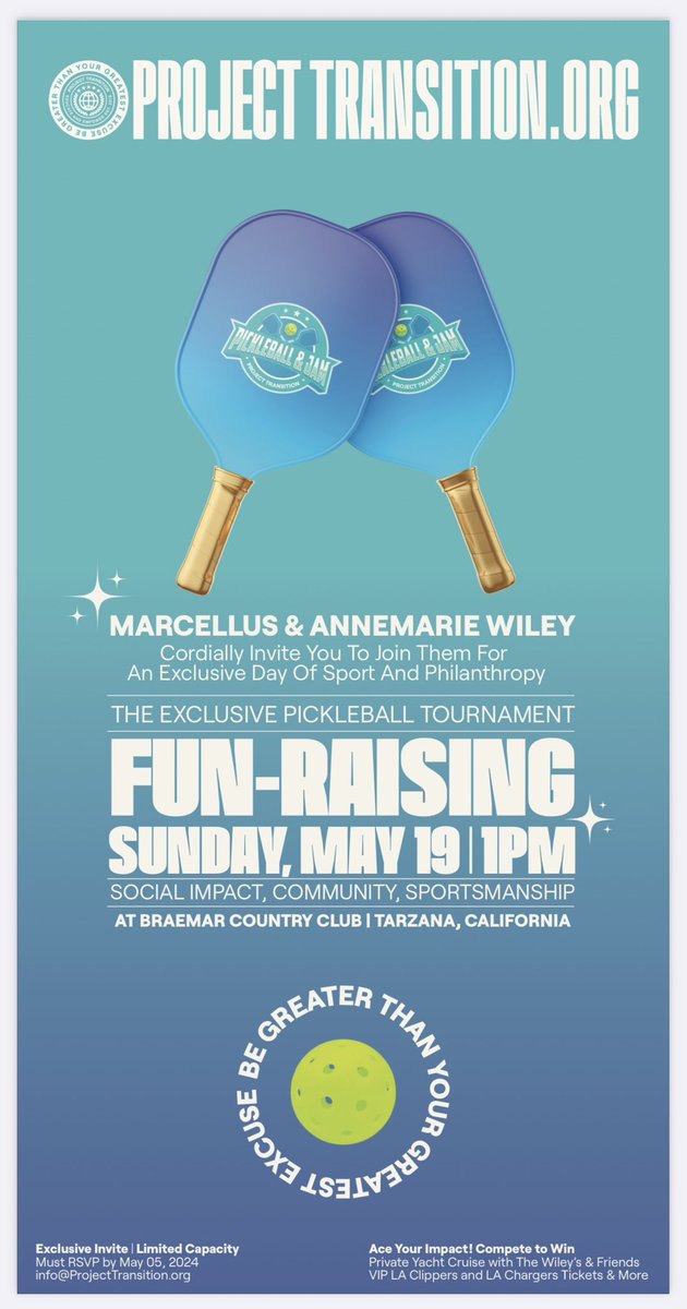 Marcellus & Annemarie Wiley invite you to the Project Transition ‘FUN’raiser Pickleball Tournament @ Braemar Country Club on May 19th @ 1pm Have a great time with great people and win great prizes for a great cause, ProjectTransition.org 🚨YOU MUST RSVP & RECEIVE