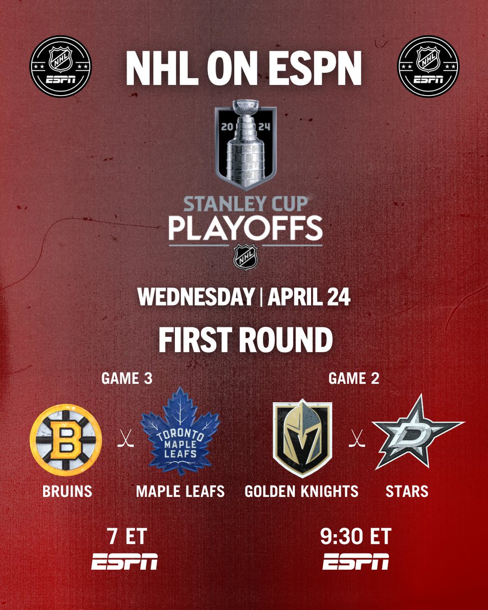 Wednesday, #StanleyCup Playoff action continues with an ESPN doubleheader 🏒 7p ET | #NHLBruins-#LeafsForever 🎙️ Sean McDonough, @rayferraro21, @emilymkaplan 🏒 9:30p ET | #VegasBorn-#TexasHockey 🎙️ @espnbob, @TheRealCally24, @leahhextall More: bit.ly/4aIrkeb