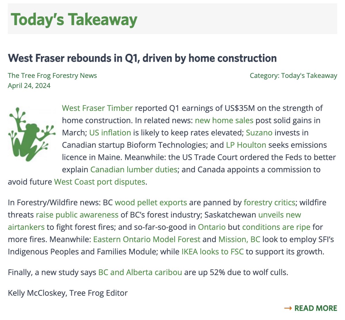 TreeFrogNews's tweet image. Our daily forestry news service is delivered - free - to your email inbox every day. Subscribe on our website. Check out today&apos;s headlines here treefrogcreative.ca/news/