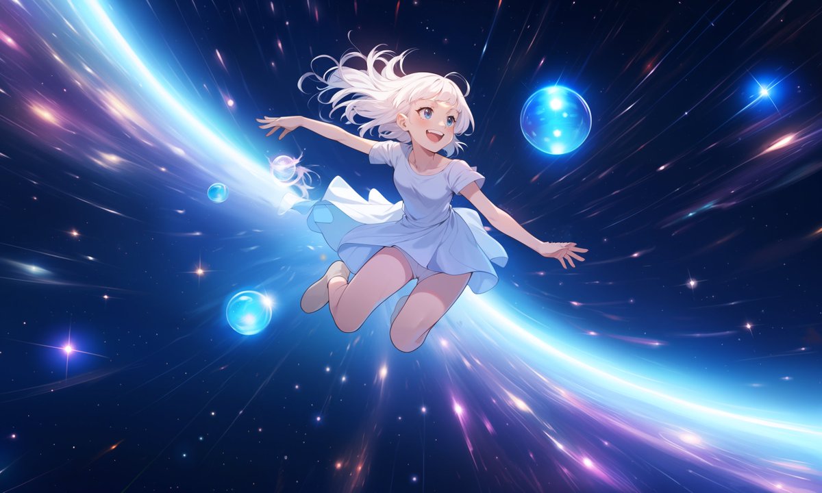 A young maiden in a vibrant blue dress gracefully leaps into the ethereal cosmos, her smile radiant as she holds onto two magical orbs that sparkle with celestial light

#AIart #AIArtwork #aigirl #aiart #AIイラスト #AI美女 #ComfyUI