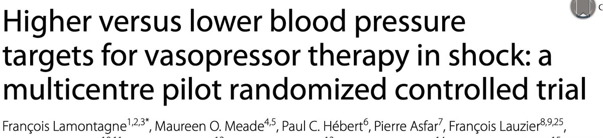 DrFDamico's tweet photo. 5/6 @LamontagneFran5 study found no benefits in randomizing septic shock patients to high vs low blood pressure targets. https://t.co/JW3Bsdx4aP