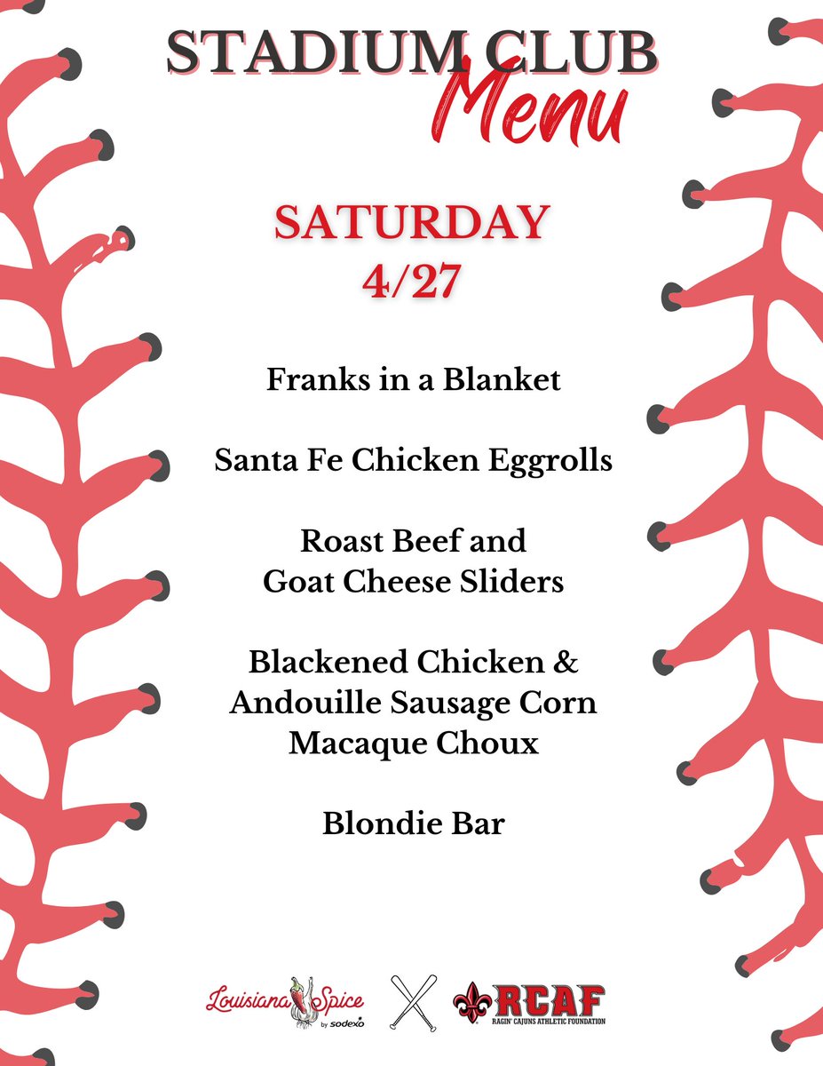 Today's 𝐁𝐚𝐬𝐞𝐛𝐚𝐥𝐥 𝐒𝐭𝐚𝐝𝐢𝐮𝐦 𝐂𝐥𝐮𝐛 𝐌𝐞𝐧𝐮!⚾️ Club Opens: 1:00pm First Pitch: 2:00pm #GeauxCajuns ⚜️