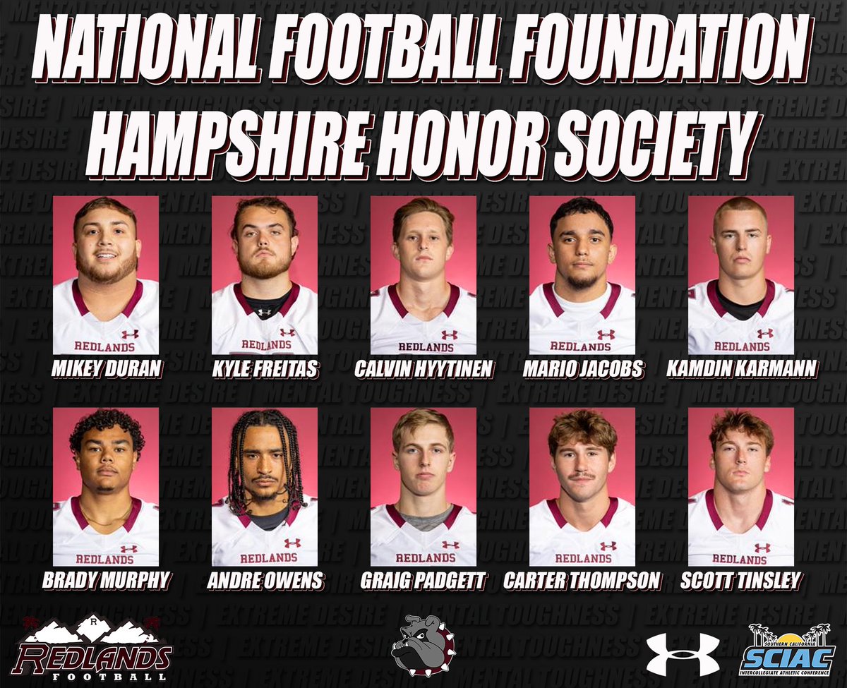 Redlands Bulldog Football (@uofr_football) on Twitter photo Congratulations Mikey, Kyle, Calvin, Mario, Kamdin, Brady, Andre, Graig, Carter & Scott for being named to the <a href="/NFFNetwork/">National Football Foundation</a> Hampshire Honor Society!! Congratulations Mikey, Kyle, Calvin, Mario, Kamdin, Brady, Andre, Graig, Carter & Scott for being named to the <a href="/NFFNetwork/">National Football Foundation</a> Hampshire Honor Society!!
