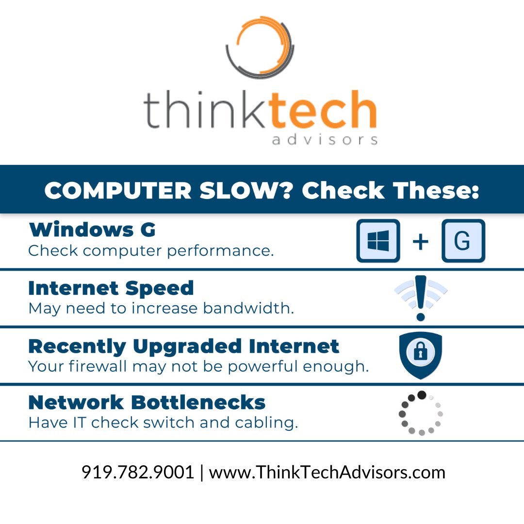 Tech Tip 💡:

Computer performance lacking? Make sure to check these items. If none of these are the issue, give us a call: we’ll get to the bottom of it.

#thinktechadvisors #techtip #techexperts #itserviceprovider