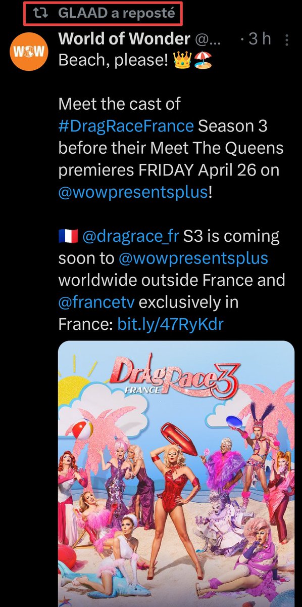 Non mais whaaaaat, '@glaad à reposté' 😯 @DragRace_Fr @FranceTV

#DragRaceFrance 💅🗼🇨🇵 #DrageRaceFrance3 #DragRace #Drag #France #Saison3 #Queens  

Via -
twitter.com/WorldOfWonder/…