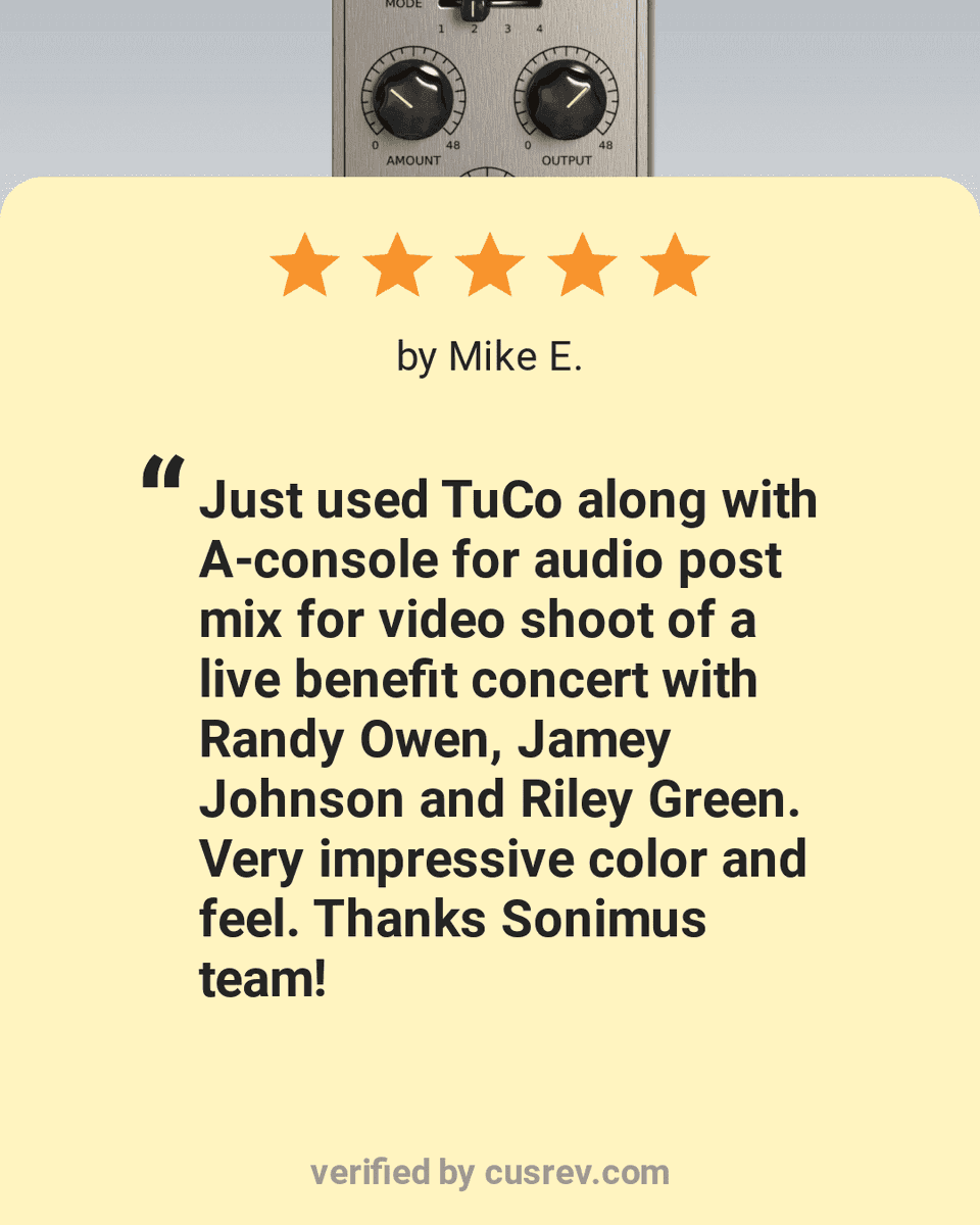 SonimusAudio's tweet photo. #Sonimus #PluginReview #TuCo #CompressorPlugin #LimiterPlugin #AnalogModelling #MusicLife

💬 TuCo user Mike Erwin shares his experience using it in his mixes: https://t.co/TXVXVeTMoL