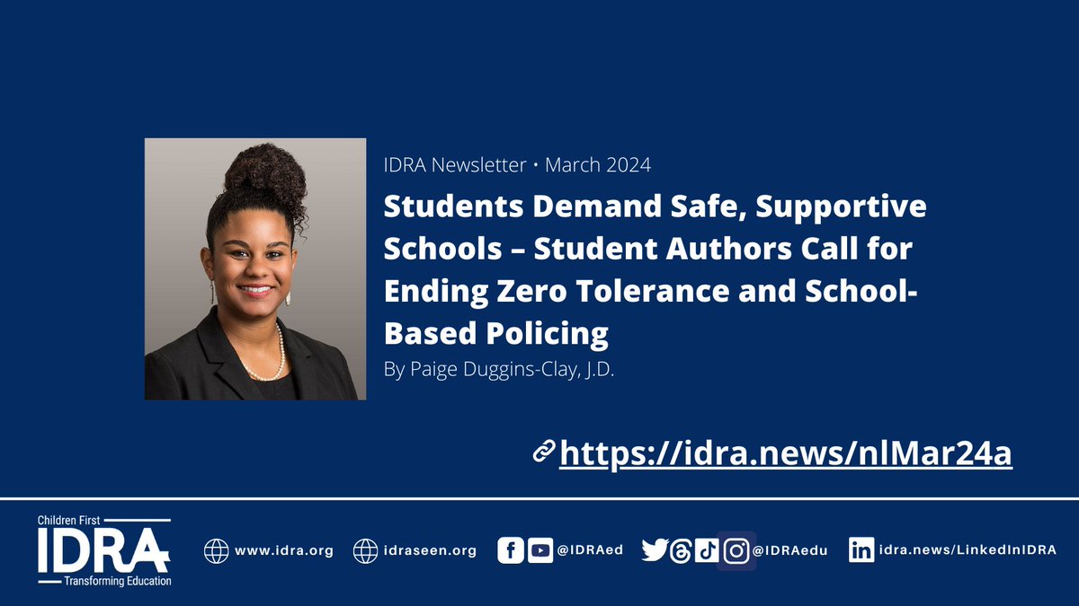 🚸 Don't miss Paige Duggins-Clay's article in IDRA's latest newsletter, focusing on critical strategies for school safety! 🛡️ Dive in for essential insights and actionable tips. Read more: [idra.news/nlMar24a] #SchoolSafety #Education #IDRA 📚✨ @paigedugginslaw