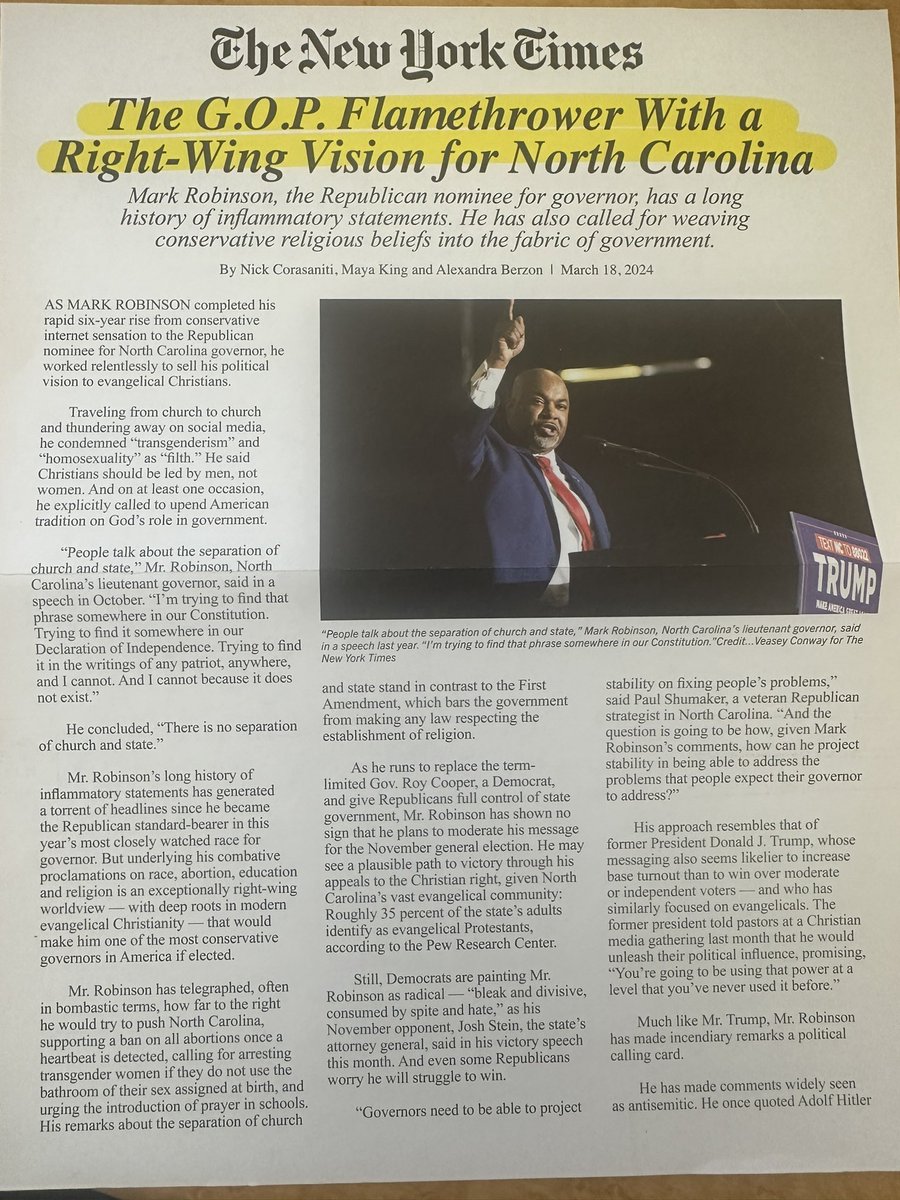 Campaign mailer *for* Mark Robinson #ncgov not only uses the @nytimes @mayaaking @AlexandraBerzon @NYTnickc headline as a brag, the entire article is enclosed. #ncpol