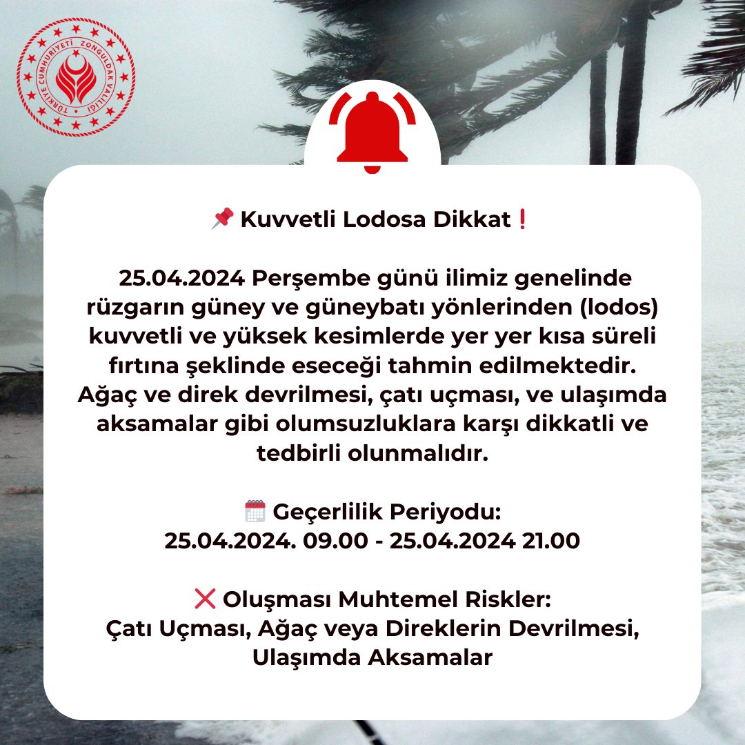 ⚠️ Meteorolojik Uyarı❗️ 📌 Kuvvetli Lodosa Dikkat