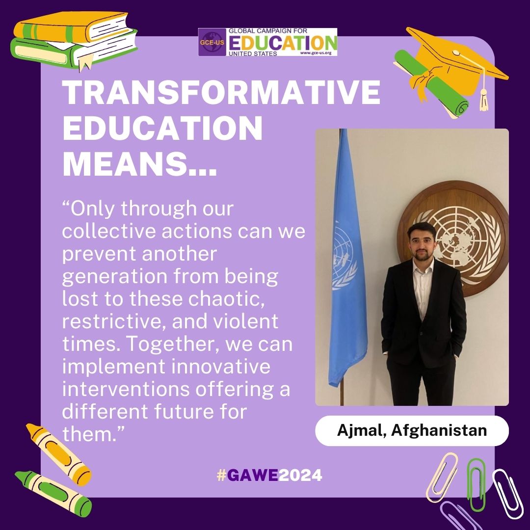 📣 What does 'transforming education' mean to you? 🤝 As part of GAWE 2024, GCE-US asked education activists what this term means to them. We are inspired by the work our colleagues do to make education more equal and accessible. 🧡 Check out the graphic to hear from Ajmal!