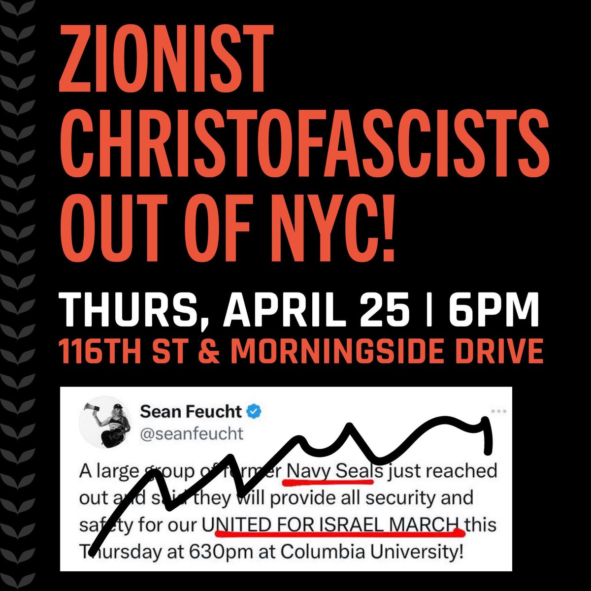 An out-of-state christofascist grifter is planning a demo outside Columbia University. He claims to be bringing “former Navy Seals” to provide “security.” A counter has been called against the event tomorrow night at 6pm: