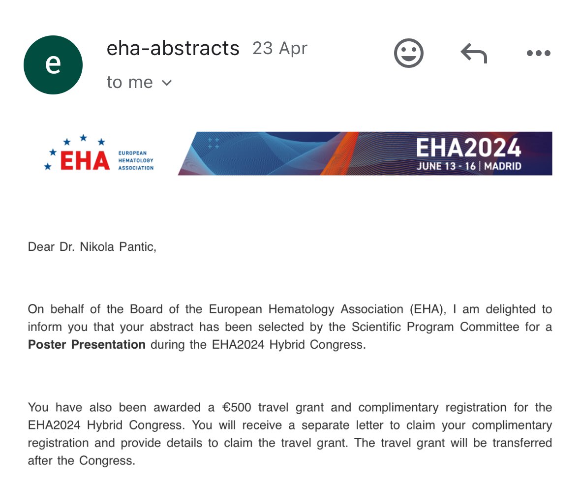 Good news from @EHA_Hematology 🎉🎉🎉 poster presentation and travel #grant