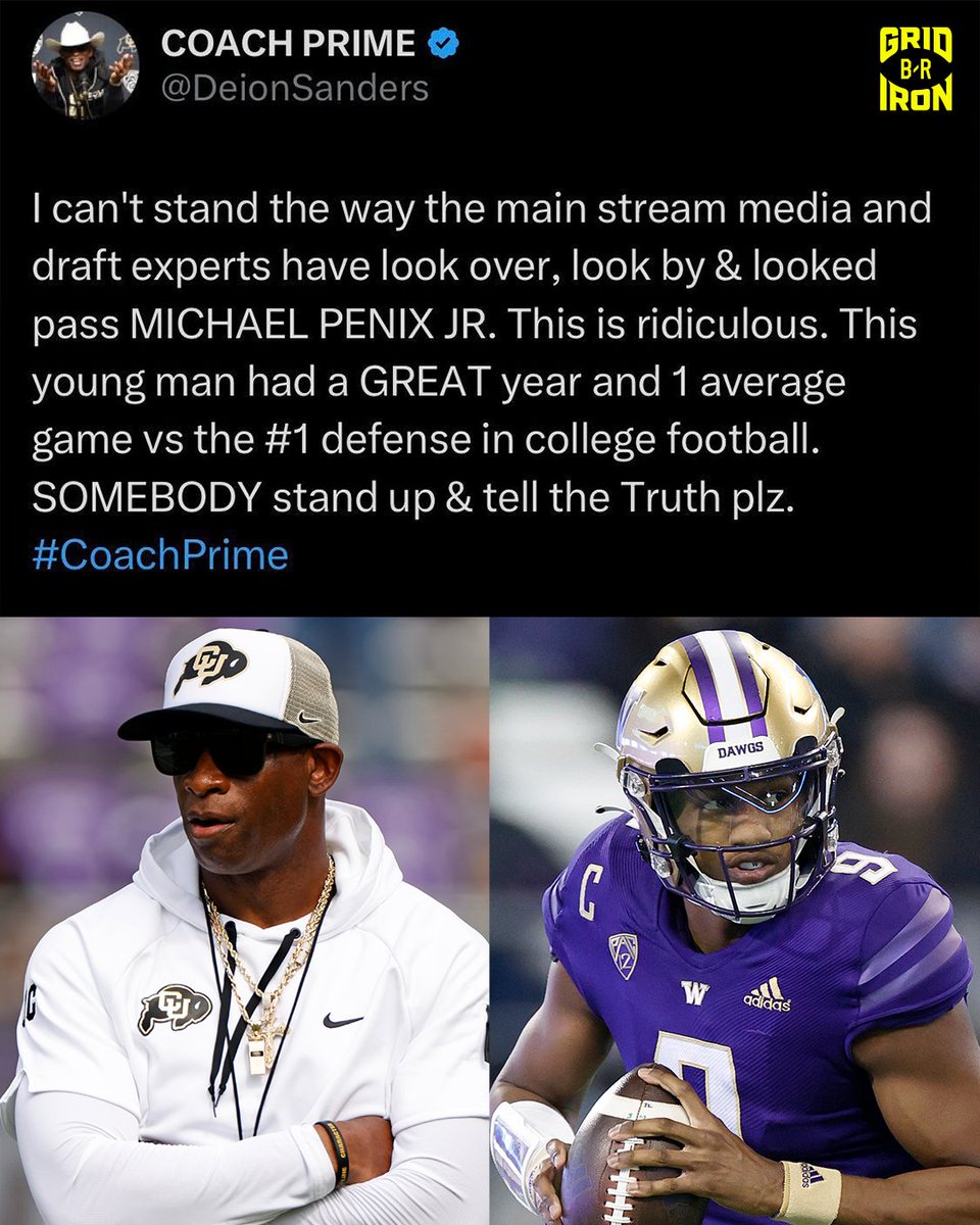 brgridiron's tweet photo. Coach Prime standing up for Michael Penix Jr. 🤝 https://t.co/ZpNZBcJFFr