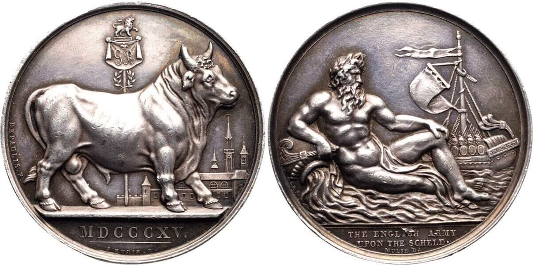 Great Britain, WaterlooCampaign, 1815, Medal, UNC; Great Britain. British army in the Netherlands by Depaulis/Lefevre. Silver, 41mm. Ov: Bull standing right; lion-tipped standard inscribed GR in background, buildings in distance. Rv: River god reclining right, holding rudder and