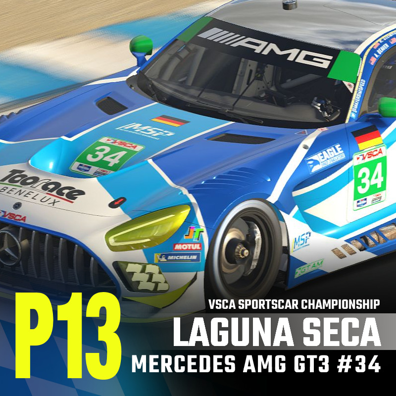 A tough season continues for our #34 Mercedes AMG GT3 with a P13 finish at Laguna Seca for Aaron Beaver and Thomas. On to the next one!

#VSCA #LagunaSeca #Mercedes #eSports #iRacing
