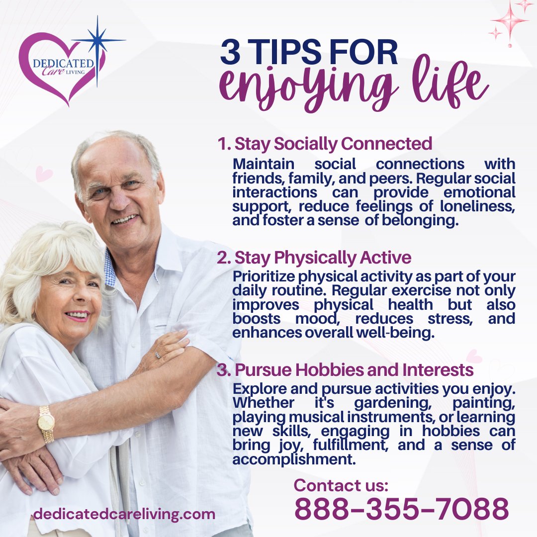 Unlock your path to health with these simple yet effective tips on how you can enjoy life while aging!

Your health matters 🥰

Visit dedicatedcareliving.com for more info. 

#HealthyLiving #WellnessJourney #CompassionateCommitment #FamilyCare #SeniorLiving #HomeCareServices