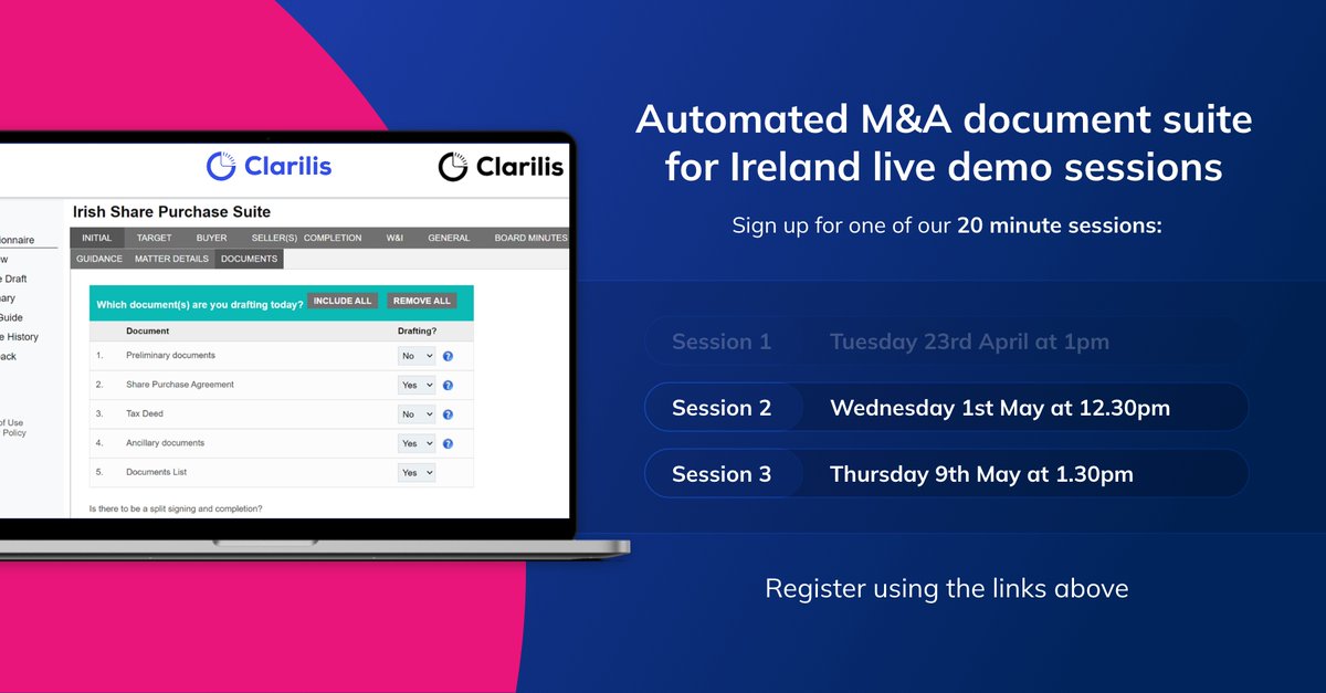 Did you miss our Irish M&amp;A Suite demo yesterday, your competitors didn't! Don't worry, due to demand, we have more planned.

See how your firm can compete by drafting M&amp;A suites, with all ancillaries, in under two hours 👉 clarilis.com/irish-ma-webin…

#legaltech #corporate #lawyers
