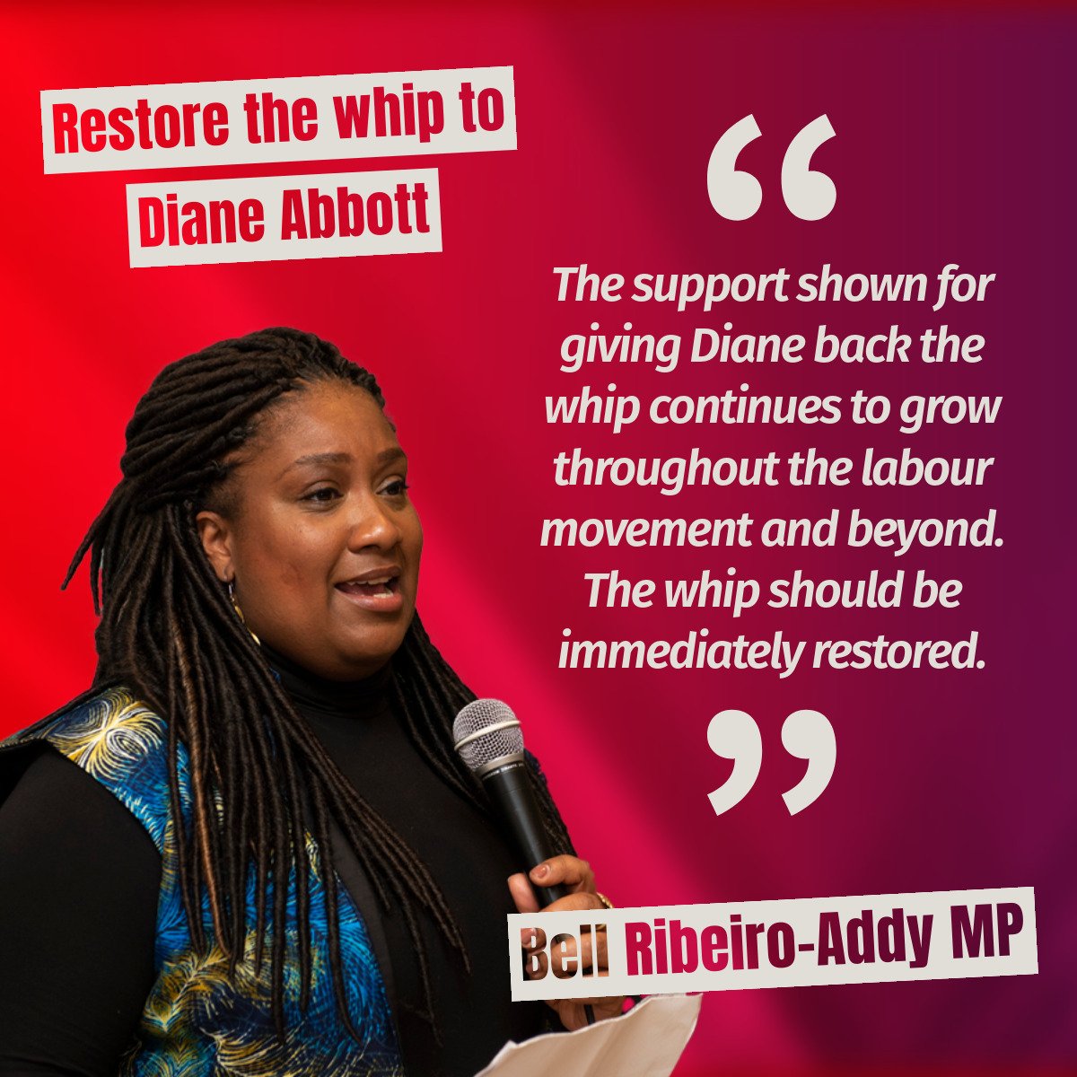 MP For Streatham @BellRibeiroAddy on the growing momentum behind the #RestoreTheWhip campaign in support of @HackneyAbbott- you can join more than 12,000 people in signing the petition here: actionnetwork.org/petitions/rest…